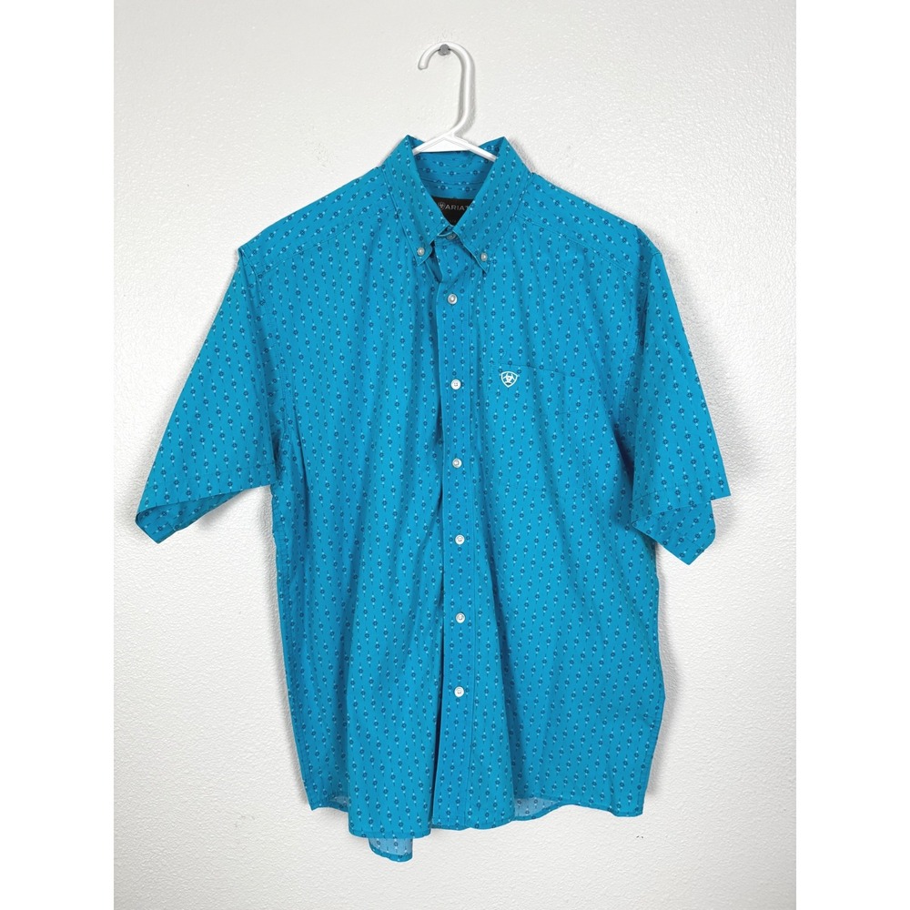 Ariat Shirt Mens Large Blue Geometric Print Short Sleeve Button Down Cotton